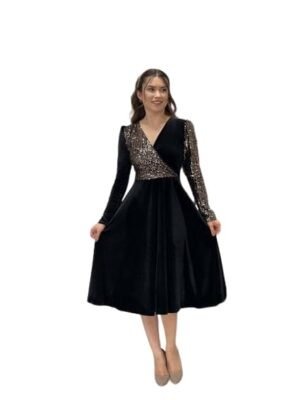 Women's Black Evening Wrap Dress, with Gold Sequin Sleeves, V-Neck, Midi Length