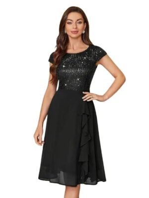 Black Sequin Cocktail Dress, Cap Sleeve, A-Line Evening Party Dress with Chiffon Skirt