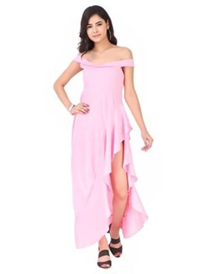 Women’s Side Slit Ruffle Off Shoulder Pink Flare Dress