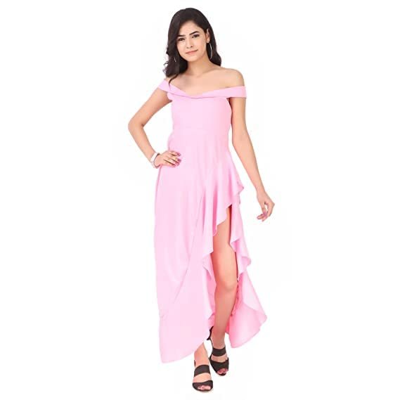 Women’s Side Slit Ruffle Off Shoulder Pink Flare Dress