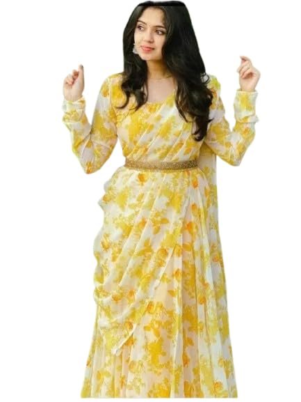 Women's Yellow Georgette Anarkali Gown with Dupatta Set | Festive | Traditional | Wedding Gold