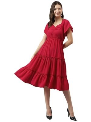 Women's Red Rayon Solid Tiered Western Dress | Dress for Women | Gown Dress | Western Dress | Exclusive Women Dress