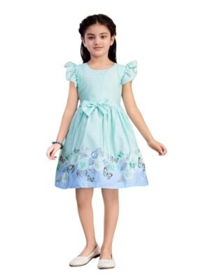 Girls Casual Wear Green Color Checks Print Cotton Frock(Green)