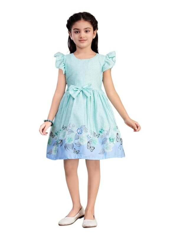 Girls Casual Wear Green Color Checks Print Cotton Frock(Green)