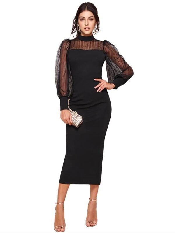 Black Women's Polyester Bodycon Maxi Dress with Net Full Sleeves Round Neck Self Design Pattern and Bodycon Style