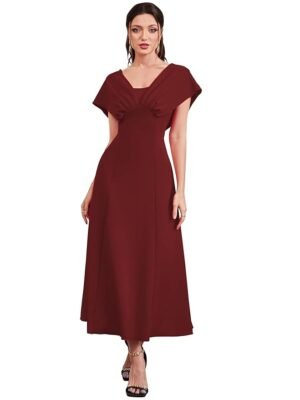 Maroon Women's A-Line Maxi Dress with V-Neck Pleated Bodice, Cap Batwing Sleeves, Polyester Elastane Evening Gown