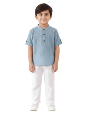 Boys Cotton T-Shirt and Pant Set | Chinese Collar Neck | 3/4 Sleeve Stylish Casual Wear for Kids (Blue)