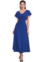 Royal Blue Women's A-Line Maxi Dress with V-Neck Pleated Bodice, Cap Batwing Sleeves, Polyester Elastane Evening Gown