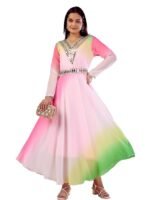 Women's Georgette Mirror Work Maxi Dress with Belt, V-Neck, Ethnic Gown for Festive and Wedding, Regular Fit