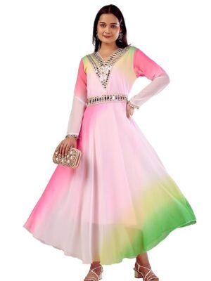 Women's Georgette Mirror Work Maxi Dress with Belt, V-Neck, Ethnic Gown for Festive and Wedding, Regular Fit