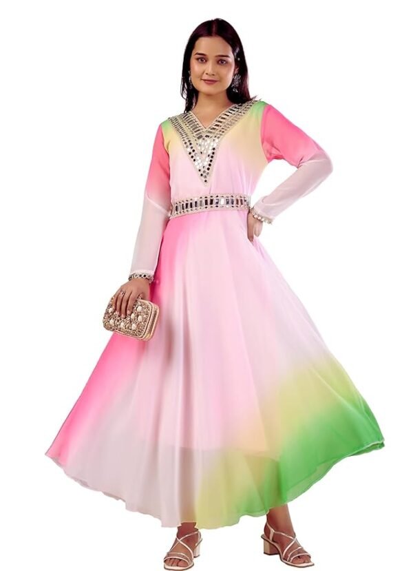 Women's Georgette Mirror Work Maxi Dress with Belt, V-Neck, Ethnic Gown for Festive and Wedding, Regular Fit