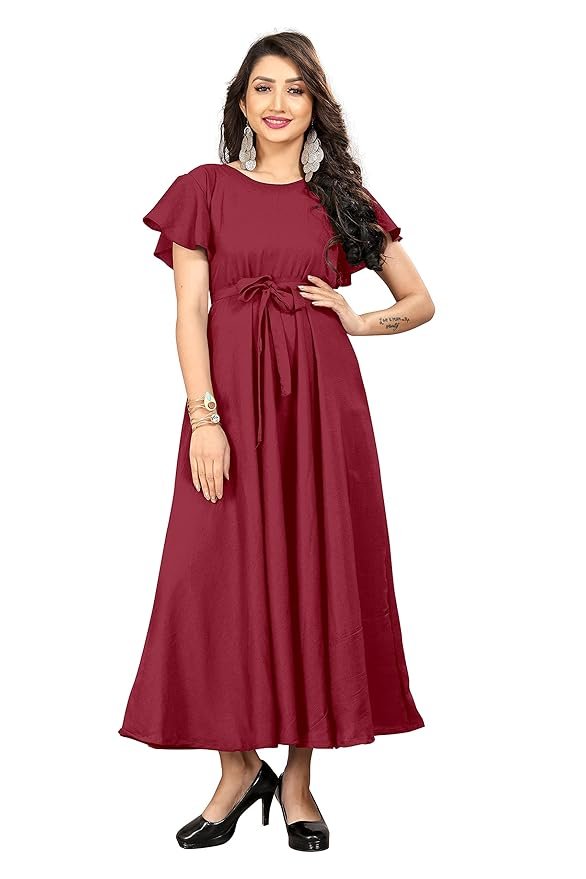 Red Stylish Women's Solid Crepe Maxi Gown Dress | Long Western Dress, Casual, Evening, and Brunch Outfit
