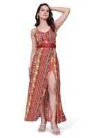 Women Printed Slit Maxi Dress Sleeveless Spaghetti Strap Ethnic Fusion Long Dress for Evening Vacation Festive Occasion