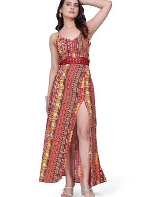 Women Printed Slit Maxi Dress Sleeveless Spaghetti Strap Ethnic Fusion Long Dress for Evening Vacation Festive Occasion