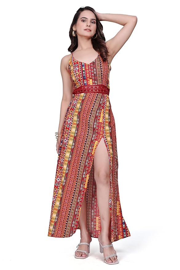 Women Printed Slit Maxi Dress Sleeveless Spaghetti Strap Ethnic Fusion Long Dress for Evening Vacation Festive Occasion