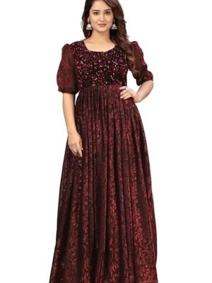 Maroon Elegant Women's Long Gown | Anarkali Style | Flared Floor-Length Dress | Floral Emboss Print | Sequence Embroidery