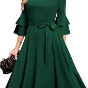 Women's Plus Size 3/4th Bell Sleeves Bridesmaid Dresses （Bottle Green）