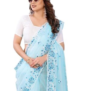 Women's Shining Net Embroidered Saree With Unstitched Blouse Piece (Pari_Free Size)