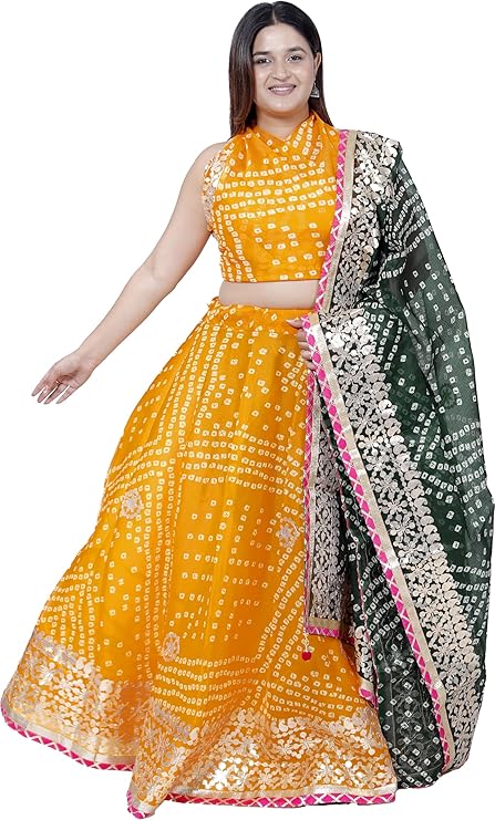 PAHNAVA Bandhani Print Stitched Kota Doria Gota Patti Work Traditional Ethnic Lehenga Choli with Dup