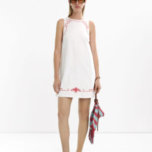 White Sleeveless Embroidered Linen-Cotton Dress