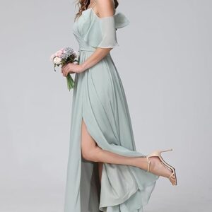Women's Cold Shoulder Chiffon Bridesmaids Dresses with Slit Long Formal Party Dress for Junior (Blue)