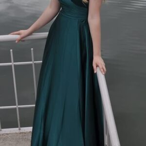 V Neck Prom Dress Satin Bridesmaid Dresses Long Slit Formal Evening Gowns for Women (Royal Green)