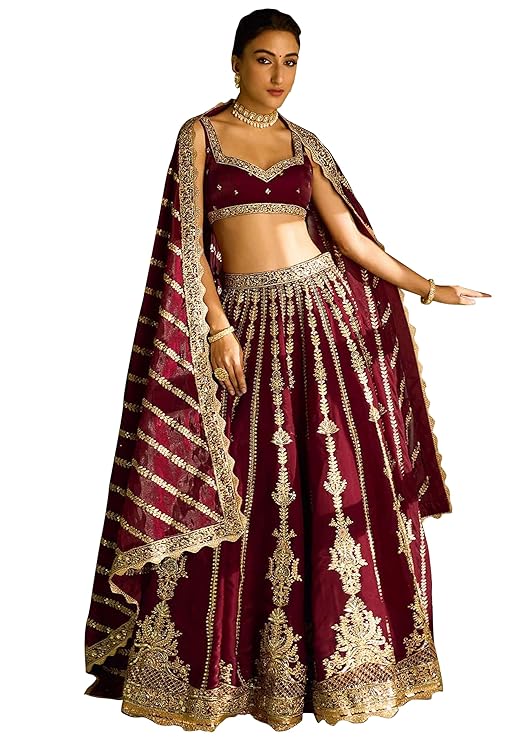 TRENDMALLS Women Art Silk Semi Stitched Embroidery With Golden Sequin Work Lehenga Choli With Dupatt
