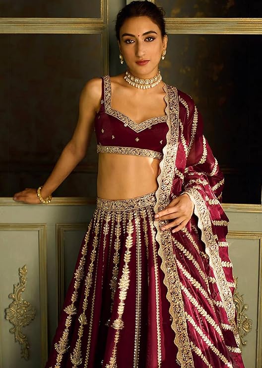 TRENDMALLS Women Art Silk Semi Stitched Embroidery With Golden Sequin Work Lehenga Choli With Dupatt