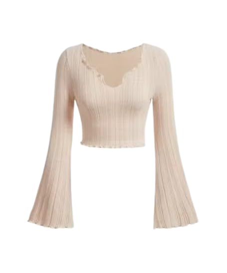 Latest V-Neck Notched Flared Sleeve Top for Women | Stylish Polyester Long Sleeve Blouse for Casual