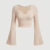 Latest V-Neck Notched Flared Sleeve Top for Women | Stylish Polyester Long Sleeve Blouse for Casual