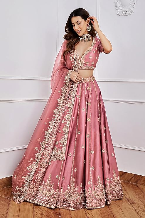 TRENDMALLS Women's Satin Embroidery Sequence Work Lehenga Choli Set with Dupatta For Women SemiS