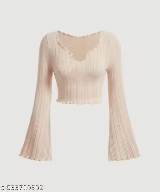 Latest V-Neck Notched Flared Sleeve Top for Women | Stylish Polyester Long Sleeve Blouse for Casual