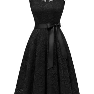 Women's Floral Lace Dress Short Bridesmaid Dresses with Sheer Neckline Black
