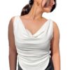 Istyle Can Women's Solid/Plain Asymmetric Hem Stretchable Draped Crop Top. Sleeveless, Single Sh