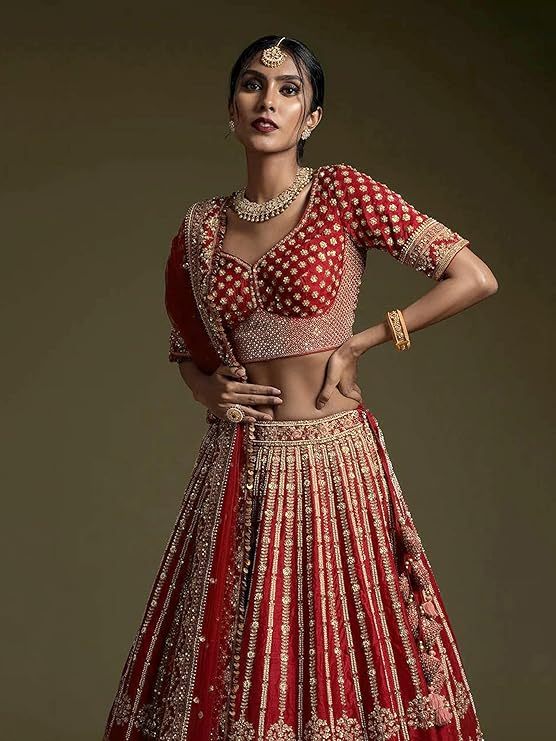 TRENDMALLS Women's Satin Embroidery Sequence Work Lehenga Choli Set with Dupatta For Women SemiS