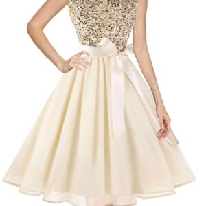 Women's Boatneck Sleeveless Prom Wedding Guest Bridesmaid Dresses Cocktail Dress, Champagne Sequin(sequin)