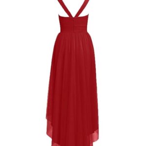 High Low Bridesmaid Dresses Tulle Hi-Lo Prom Party Dress V-Neck Evening Formal Gowns (Red)