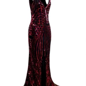 Long Slit Prom Dresses Deep V Neck Sequin Mermaid Bridesmaid Evening Dress (Red)