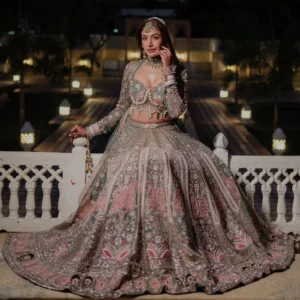 Lehenga Set with Embroidered Crop Top, Pink and Mint Green Heavy Work Wedding Dress with Dupatta
