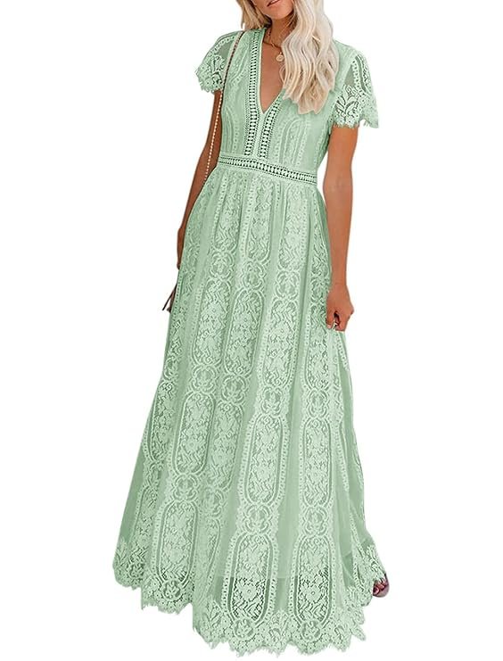 Women's V Neck Short Sleeve Floral Lace Wedding Dress Bridesmaid Cocktail Party Maxi Dress (Mint)