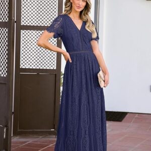 Women's V Neck Short Sleeve Floral Lace Wedding Dress Bridesmaid Cocktail Party Maxi Dress (Navy)