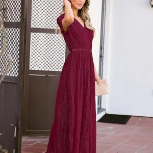 Women's V Neck Short Sleeve Floral Lace Wedding Dress Bridesmaid Cocktail Party Maxi Dress (Wine)