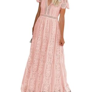 Women's V Neck Short Sleeve Floral Lace Wedding Dress Bridesmaid Cocktail Party Maxi Dress (Pink)