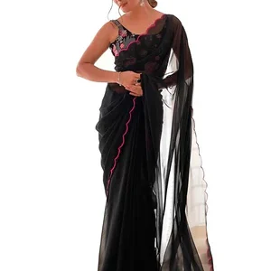 Women's Georgette Solid Saree With Unstitched