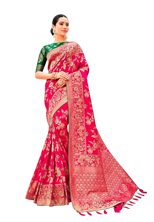 Monjolika Fashion Women's Banarasi Silk Blend Woven Zari With Tussles Saree and Jacquard Woven B