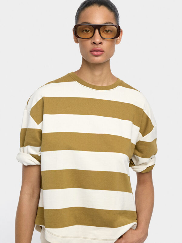100% Cotton Striped 3/4 Sleeve T-Shirt – Camel