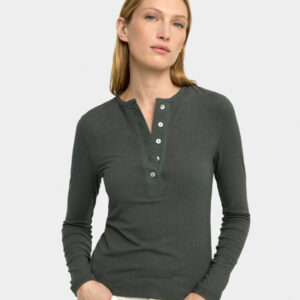 Ribbed Button-Front Long Sleeve T-Shirt – Khaki