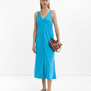 Red-Blue Fluid V-Neck Strap Midi Dress