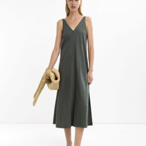 Khaki Fluid V-Neck Strap Midi Dress