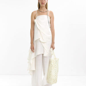 White Linen Blend Draped Frill Dress